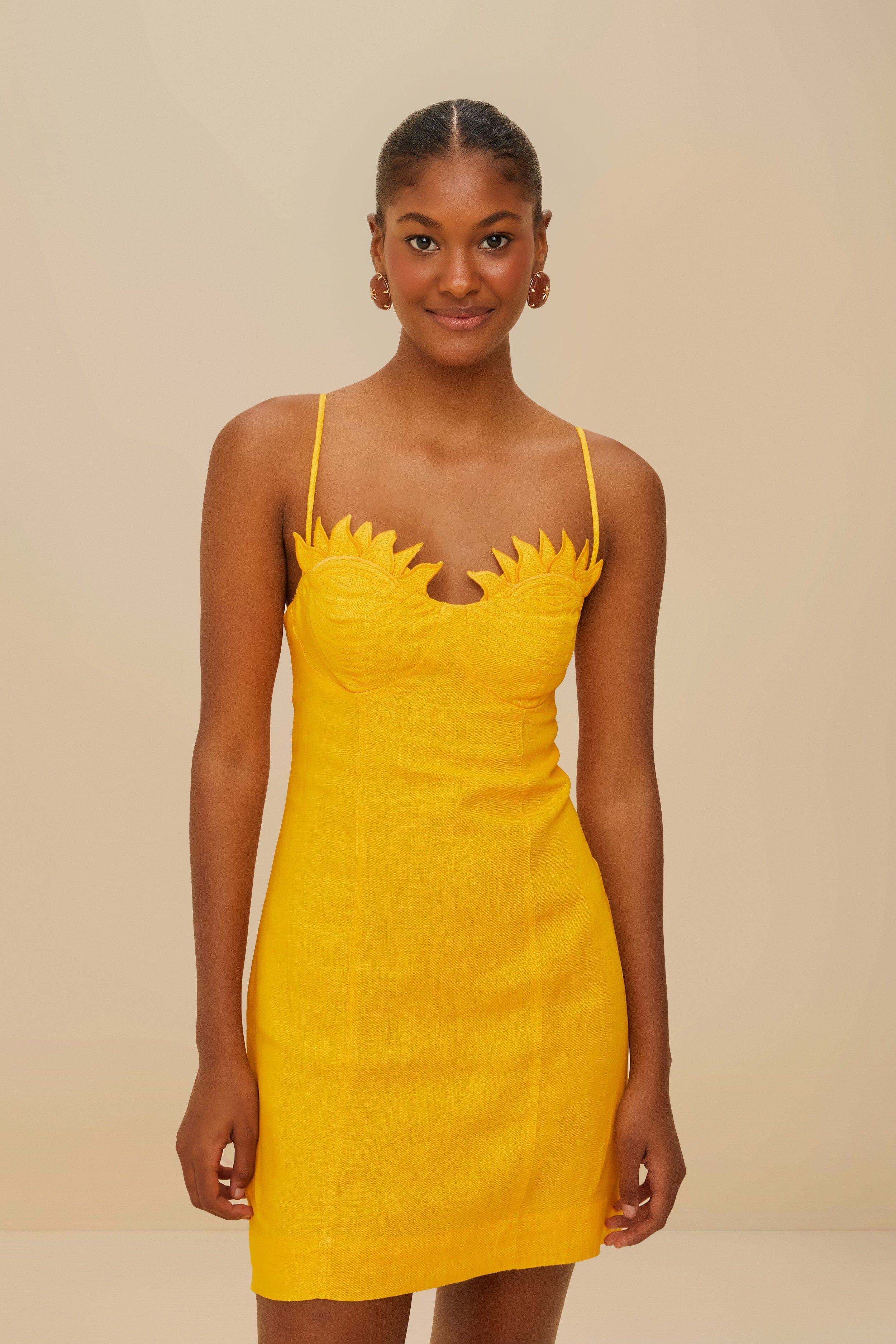 Yellow Sunrise Cup Euroflax™ Premium Linen Mini Dress | FarmRio (US)