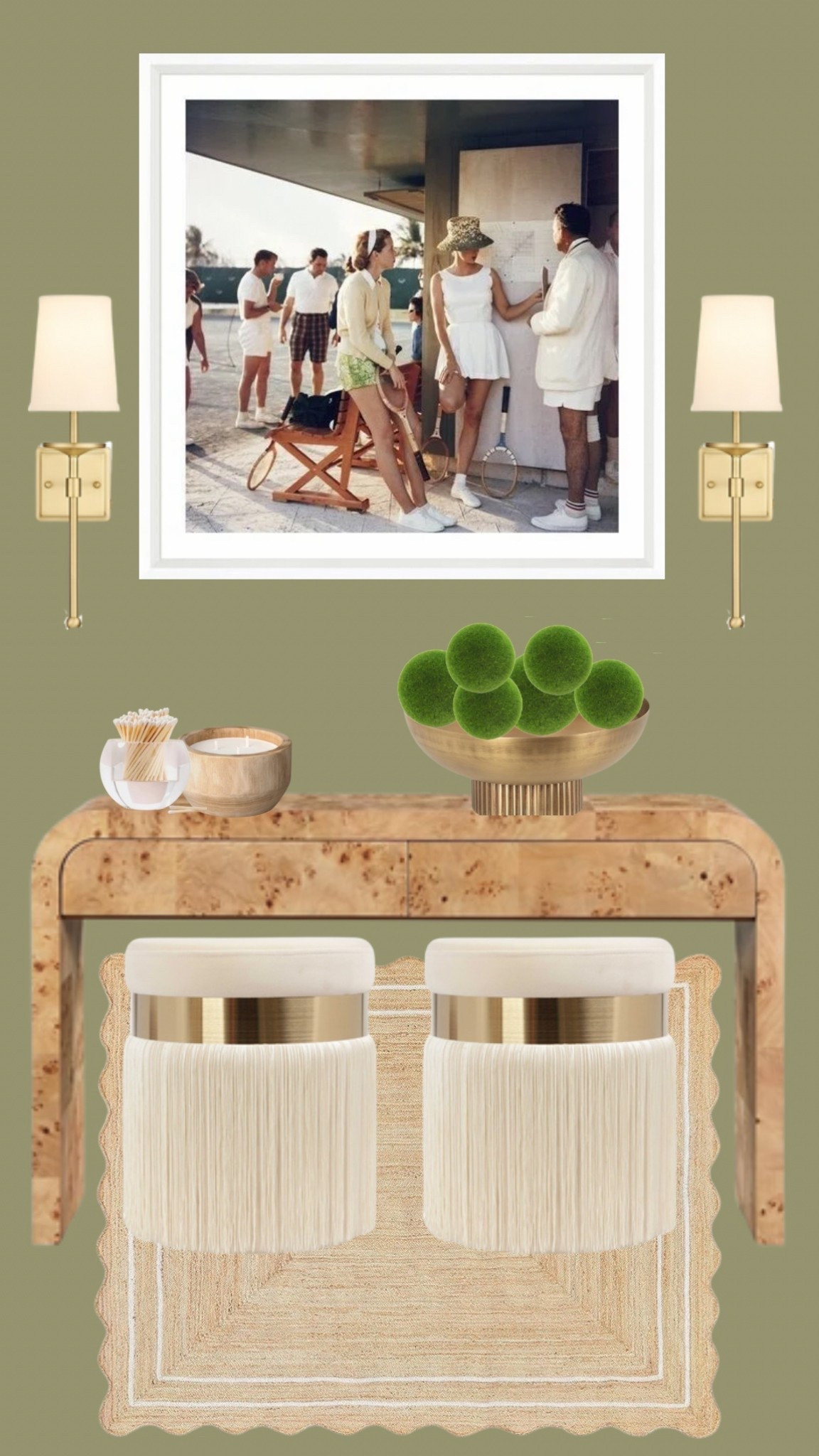 Vintage tennis club vibes meet modern glam ✨ Styled this dreamy console setup with burl wood tones, fringe stools, and timeless brass details. Shop the look for your entryway or hallway. #LTKHome #InteriorDesign #ConsoleTableStyling #HomeDecorInspo #EntrywayGoals

#LTKStyleTip #LTKHome #LTKSaleAlert