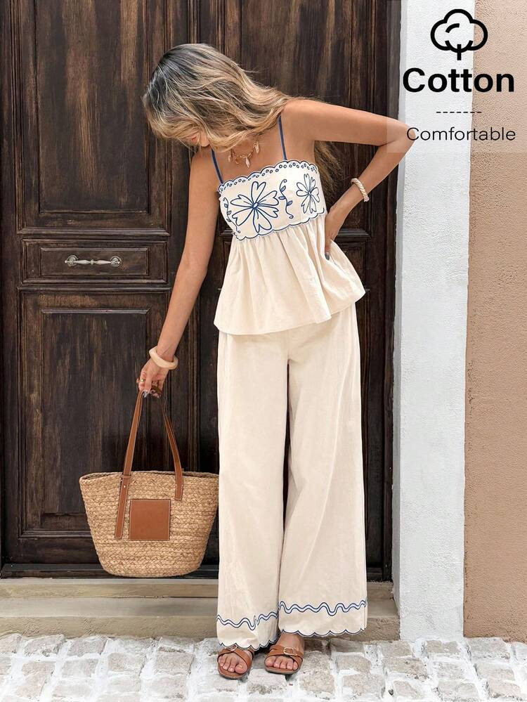 Serisse 2pcs Women's Vacation Casual Floral Embroidery Camisole And Pants Set Summer Blue Holiday Resort | SHEIN