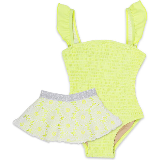 One Piece Smocked Ruffle Sleeve With a Daisy Tutu, Citron Daisy - Shade Critters Swim | Maisonett... | Maisonette