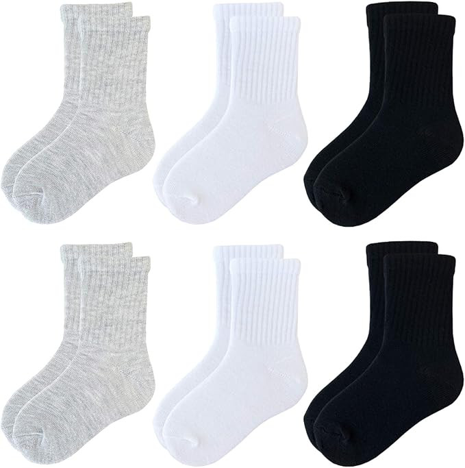 JAMEGIO Boys Crew Socks 6 Pairs White Cotton Athletic Socks for Toddlers Boys Girls | Amazon (US)