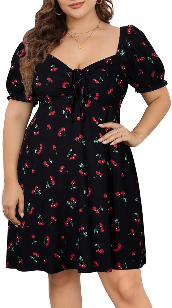 Pinup Fashion Women Plus Size Casual Puff Sleeve Smocked Short Summer Sundress A Line Babydoll Cu... | Amazon (US)