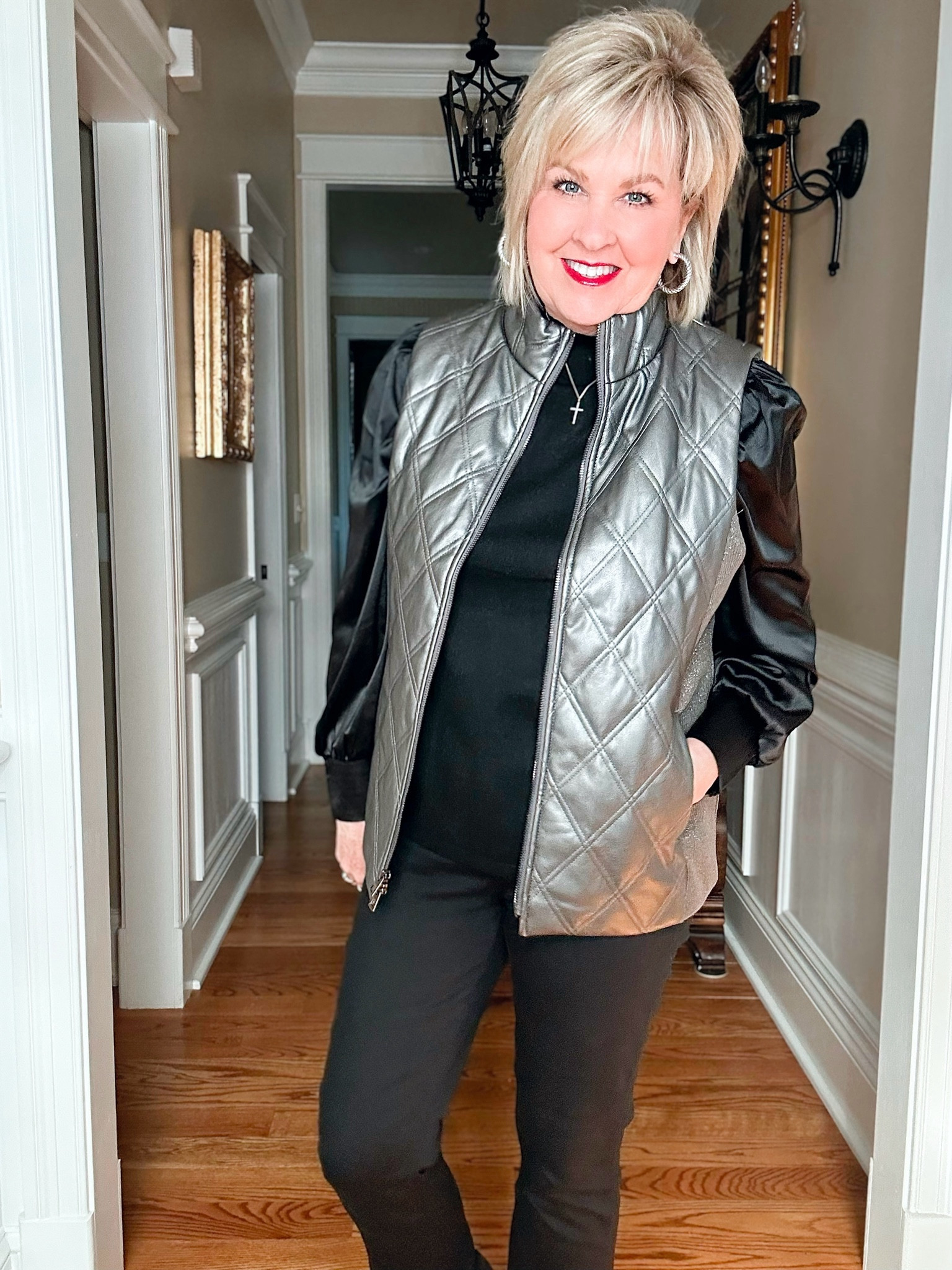 I LOVE this faux leather vest! It is heavier than I imagined it would be, and the color is amazing. The color reminds me of pewter, but they are calling it stormy sky. The vest is of great quality, and I love that the side panels are a knit material, so it stretches and moves with you.

I’m wearing a size 1 in the blouse and vest and a .5 in the jeans  


#LTKover40 #LTKSeasonal