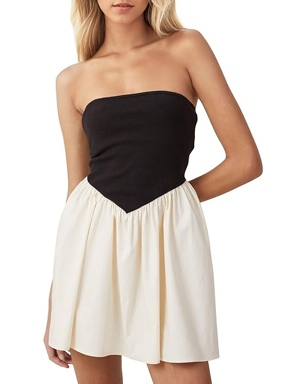 Women Strapless Tube Top Mini Dress Off Shoulder Sleeveless Casual Summer Patchwork Drop-Waist A-... | Amazon (US)