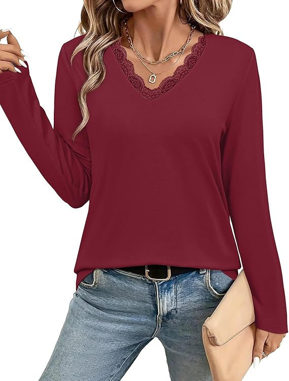 JUSTFASHIONNOW Long Sleeve Shirts for Women Lace V Neck Tunic Tops Dressy Business Casual Blouses... | Amazon (US)