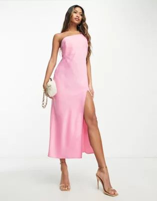ASOS DESIGN one shoulder satin midi dress in pink | ASOS (Global)