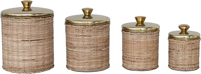 Creative Co-Op Rattan Wrapped Stainless Steel Canisters, Set of 4, Brass Finish Food Storage, 6" ... | Amazon (US)