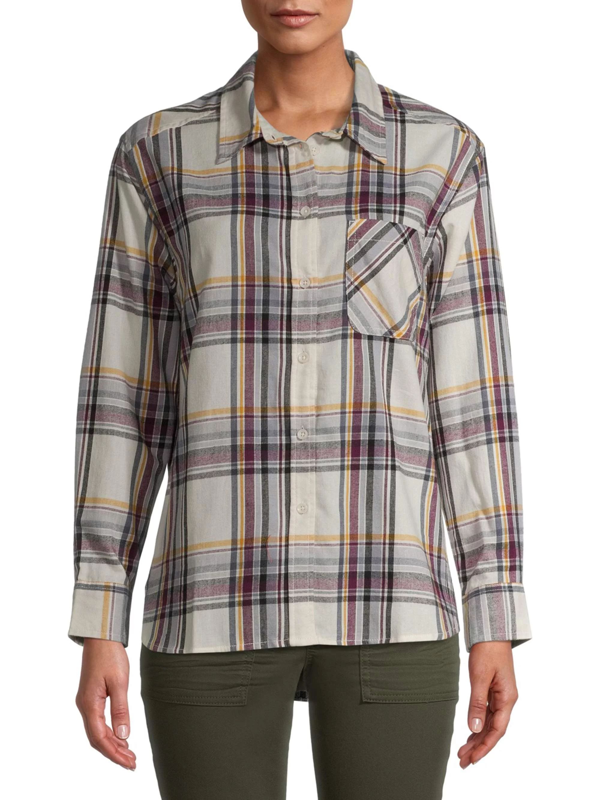 Time and Tru Women's Plaid Flannel Button Front Shirt | Walmart (US)