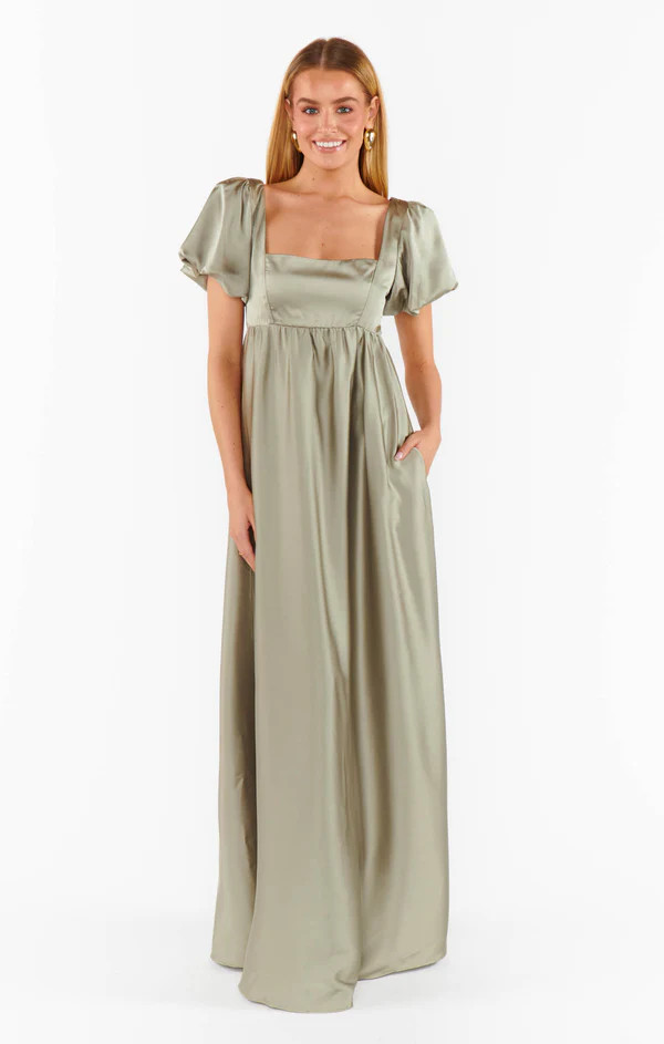 Nora Maxi Dress ~ Moss Green Luxe Satin | Show Me Your Mumu