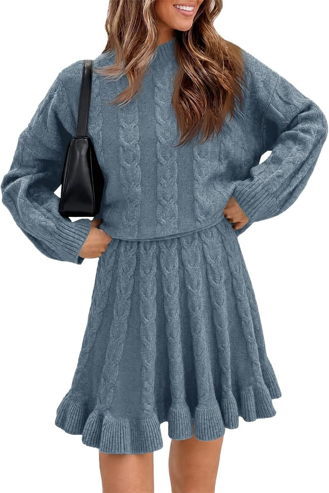Tankaneo Womens 2 Piece Sweater Skirts Set Chunky Cable Knit Ruffle Skirt | Amazon (US)