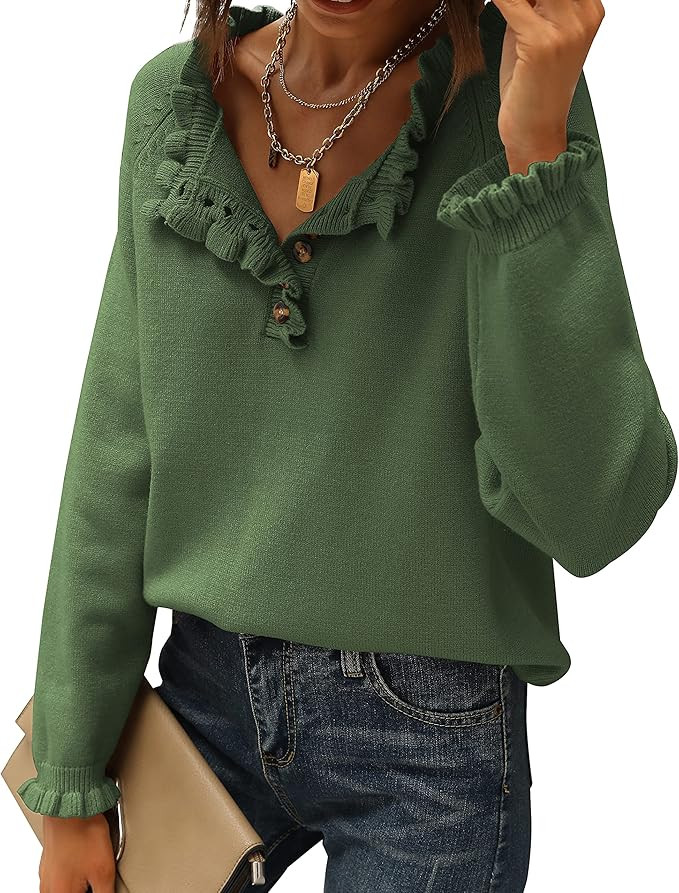 BTFBM Women's Sweaters Casual Long Sleeve Button Down Crew Neck Ruffle Knit Pullover Sweater Tops... | Amazon (US)