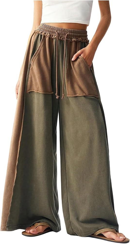 Women's Baggy Sweatpants Color Block Patchwork Wide Leg Sweat Pants Palazzo Flowy Pants Joggers | Amazon (US)