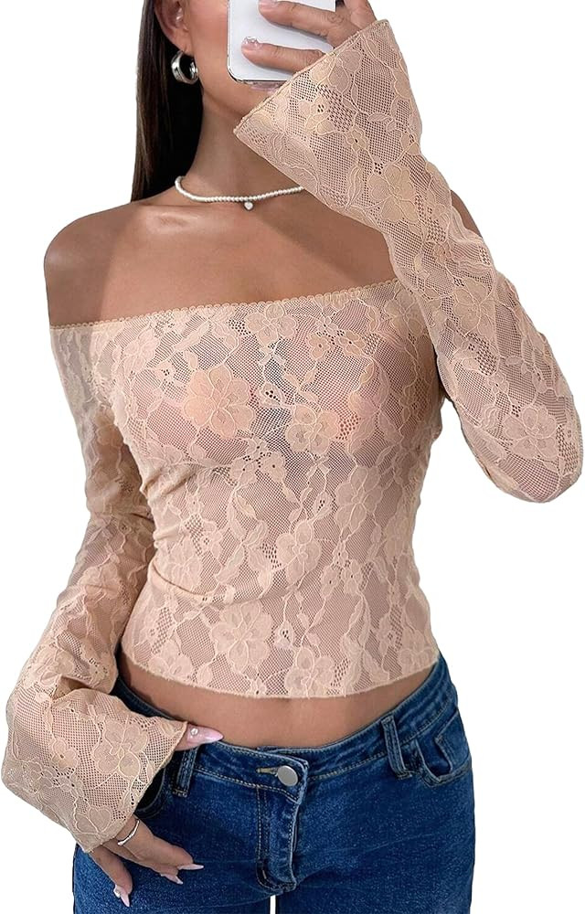 Avidlove Lace Long Sleeve Tops for Women Y2k Off The Shoulder Tops Sexy Sheer Bell Sleeve Going O... | Amazon (US)