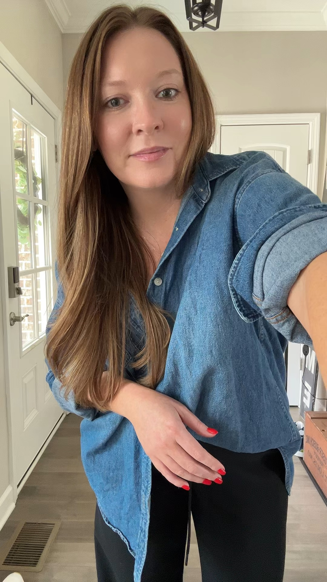 WFH outfit of the day 
Oversized denim button down / runs oversized so size down for a closer fit / wearing a medium 
Drawstring wide leg work pants / tts wearing a medium / linked similar options as well 
New balance sneakers / tts 
Evil eye necklace 

#LTKdayinmylife #LTKWorkwear #LTKootd