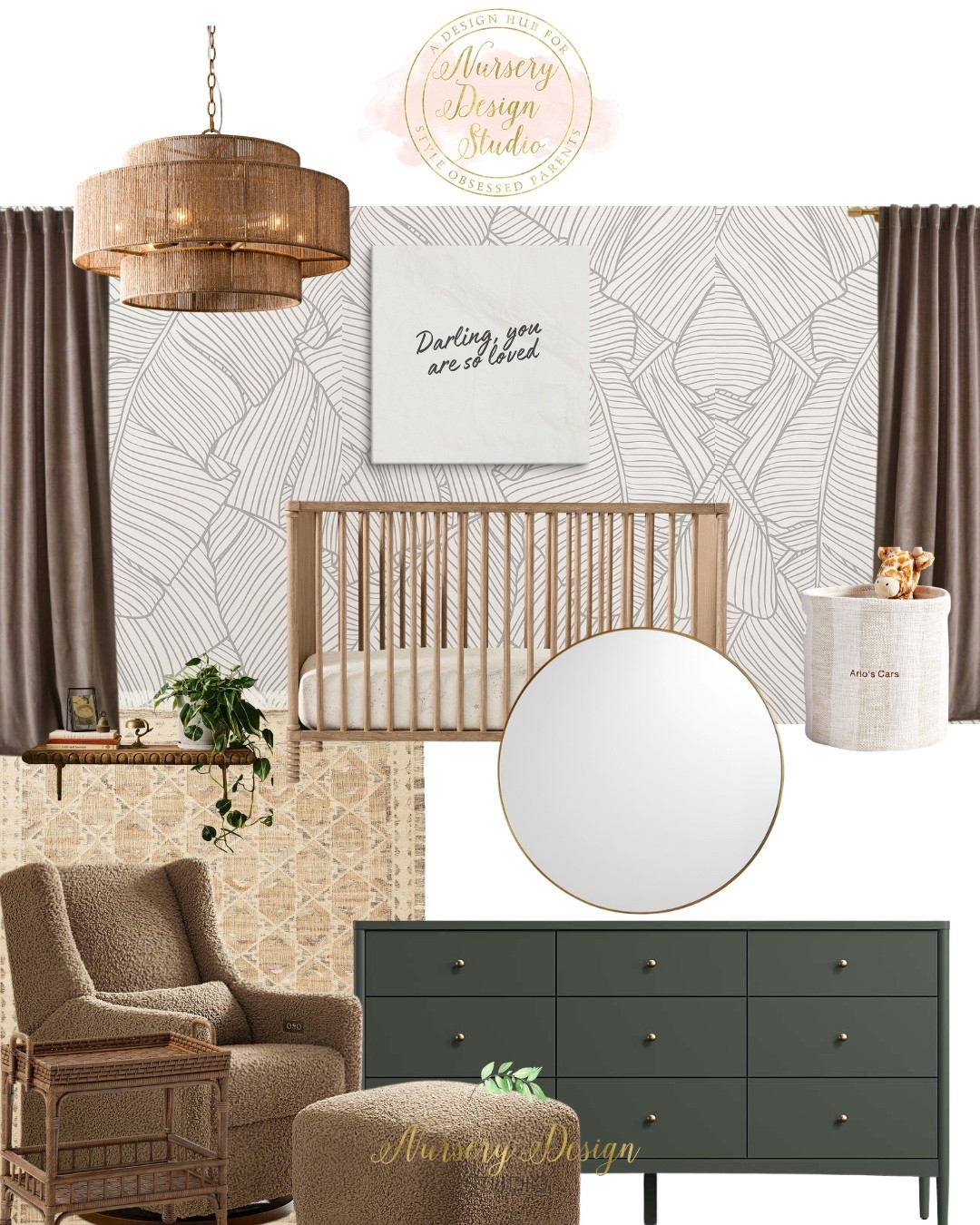 Shop Jackson’s nursery: a warm wood convertible crib paired with a deep green dresser, teddy-textured glider, oversized woven chandelier, woven side table, vintage-inspired rug, and simple round mirror. Natural texture and rich neutrals make every piece feel warm, elevated, and easy to layer.

#LTKBaby #LTKKids #LTKBump