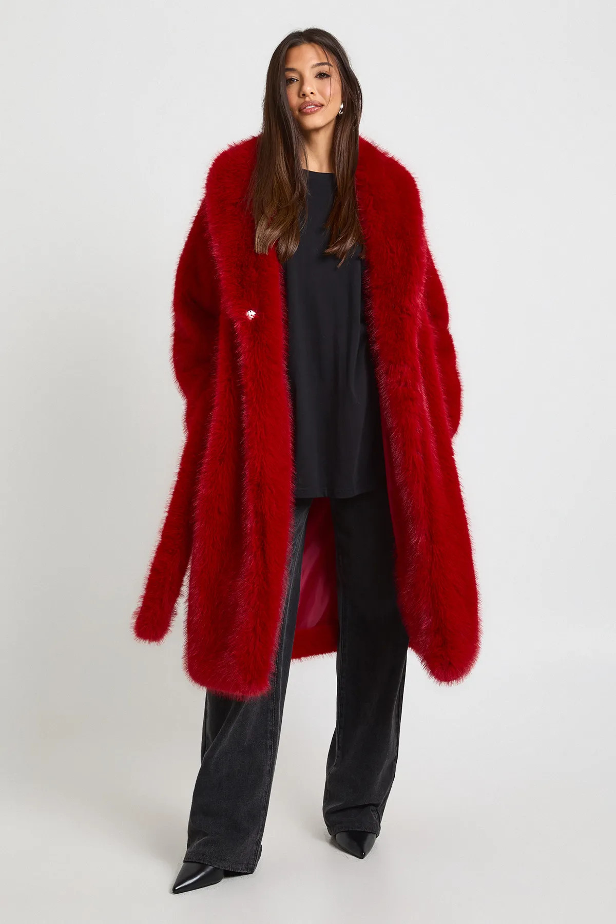 Burgundy boohoo Maxi Belted Faux Fur Coat | Nasty Gal USA | Nasty Gal US