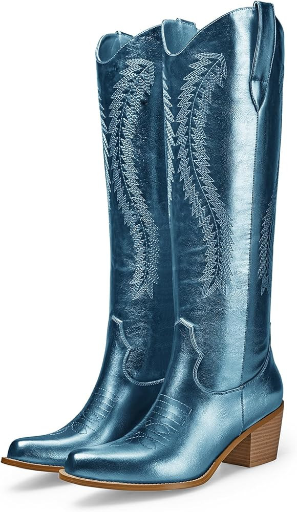 RKQ Women's Metallic Cowboy Boots Sparkle Knee High Cowgirl Boots Embroidered Western Wide Calf B... | Amazon (US)