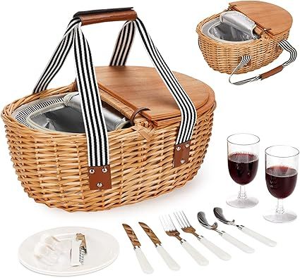 Wicker Cooler Picnic Basket Set for 2 with Double Wooden Lids & Handles, Country Style Insulated ... | Amazon (US)