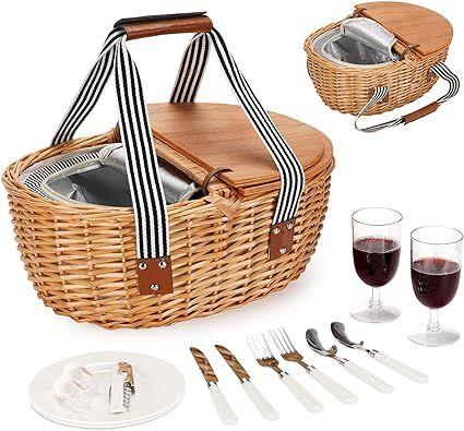 Wicker Cooler Picnic Basket Set for 2 with Double Wooden Lids & Handles, Country Style Insulated ... | Amazon (US)