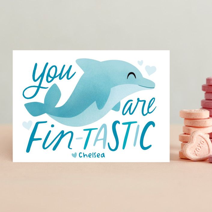 "Dear Dolphin" - Customizable Classroom Valentine's Day Cards in Blue by Jessie Steury. | Minted