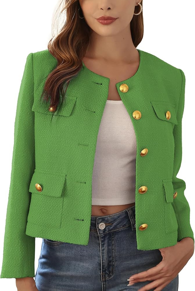 M.Infisavo 2026 Women Tweed Jacket Cropped Blazers Spring Elegant Round Neck Pockets Business Cas... | Amazon (US)