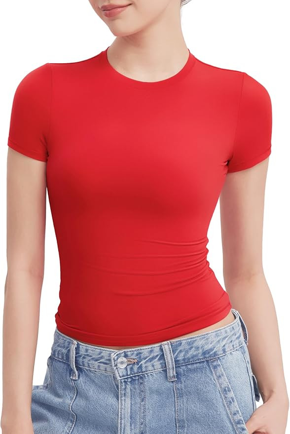 PUMIEY Women's Crew Neck Short Sleeve Tops Double Lined Slim Fit T Shirts Basic Tee Smoke Cloud P... | Amazon (US)