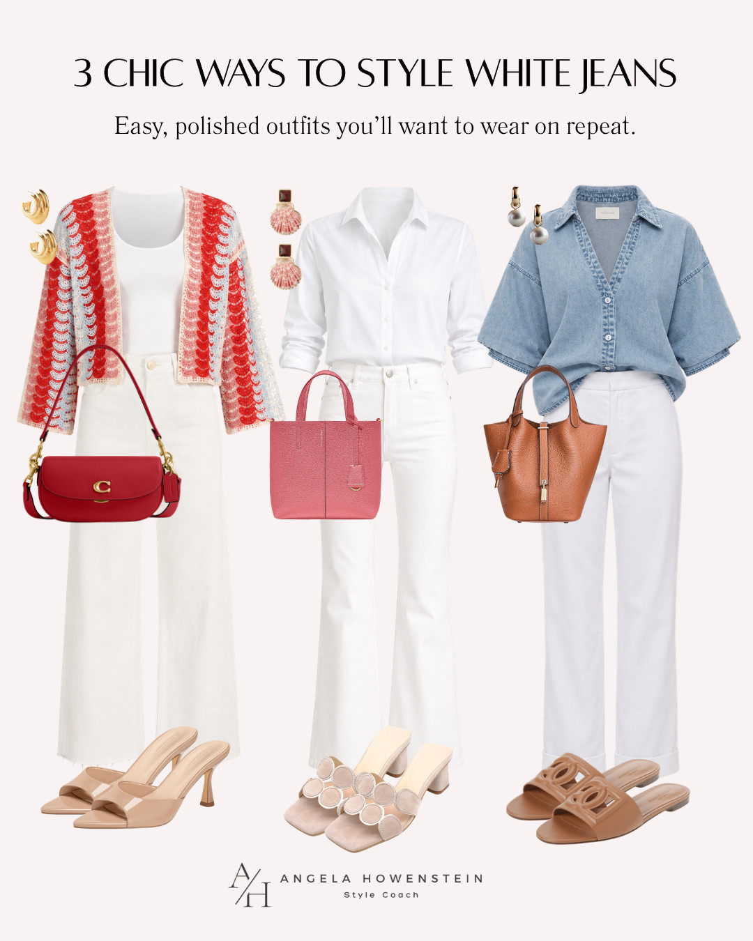 Three easy ways to style white denim! From a colorful cardigan to a classic white button-down and a chambray top, these looks are polished, versatile, and perfect for transitioning through the seasons. Which one would you wear?

👩‍💻 LTK PRO TIPS
❤️ Heart = Support my posts ;-)
🔖 Save = Get sale & restock alerts for the things you love!
📋 Lists = Keep favorites organized.
📲 Share = Send lists and products to a friend.
💬 Comment = Ask me anything, and I’ll answer. ;-) 

 #LTKootd #LTKSeasonal #LTKOver40