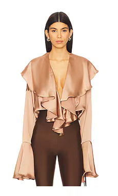 Norma Kamali Long Sleeve Ruffle Bodysuit in Cappuccino from Revolve.com | Revolve Clothing (Global)