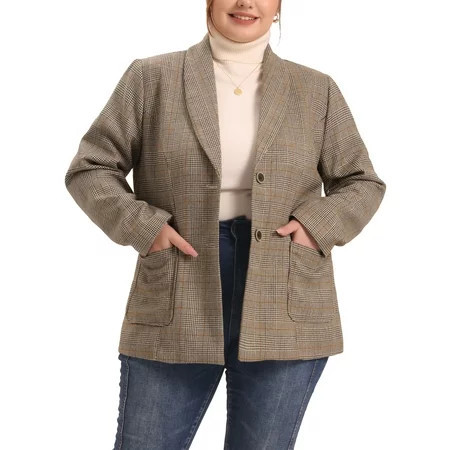 Unique Bargains Women s Plus Size Plaid Blazers Casual Notched Lapel Blazer | Walmart (US)