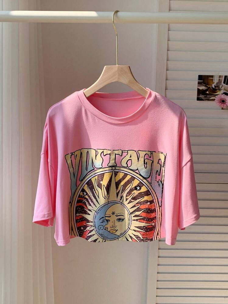 Comfortcana Sun & Letter Graphic Drop Shoulder Crop Tee | SHEIN
