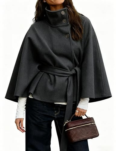 Hooever Women Batwing Sleeve Ponchos Pea Coat Wool Blend Stand Collar Jacket Winter Cropped Overcoat(DarkGrey-L) | Amazon (US)