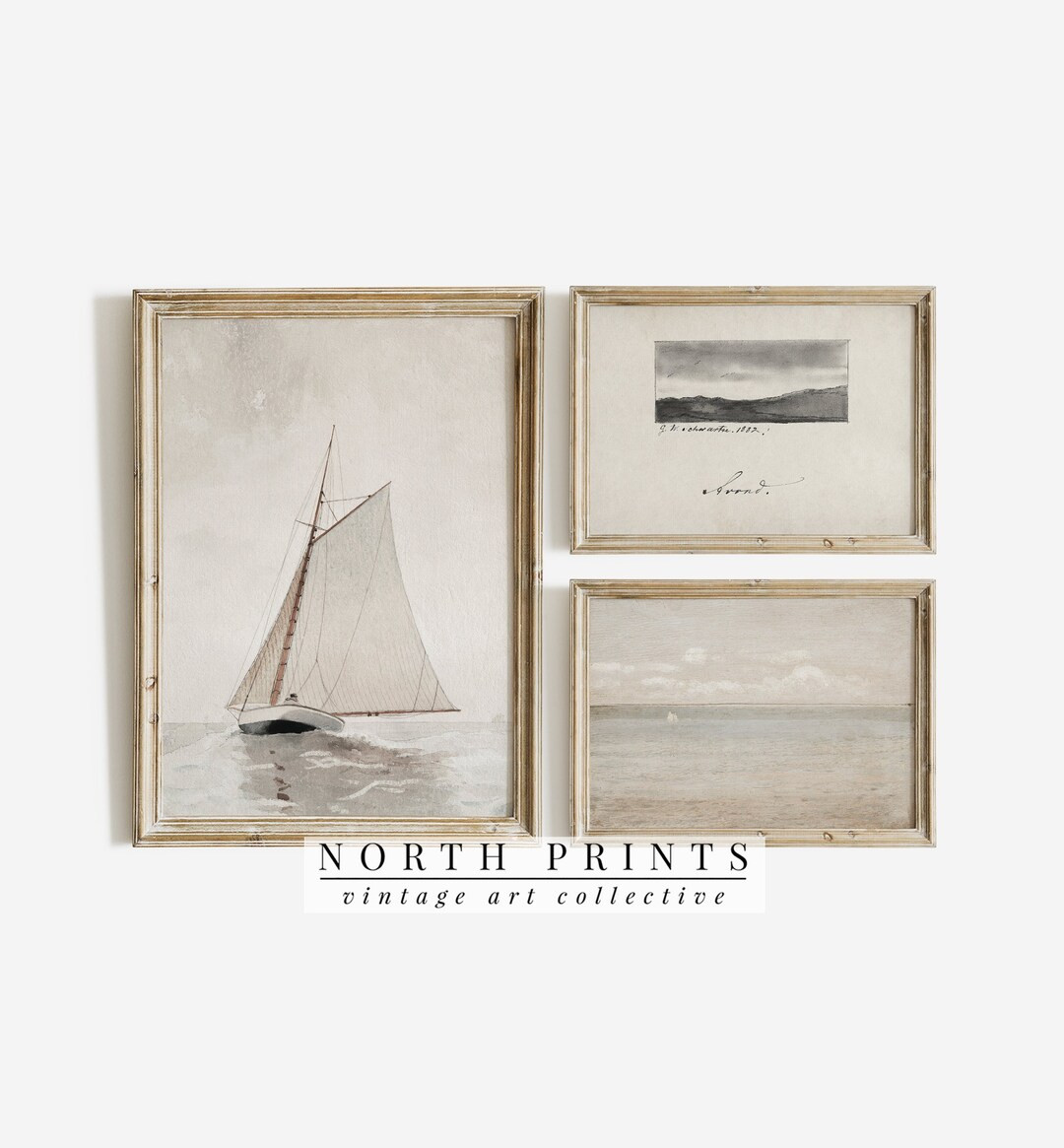 Coastal Gallery Wall SET of THREE Vintage Seaside Paintings Neutral Beach House Decor North Print... | Etsy (US)