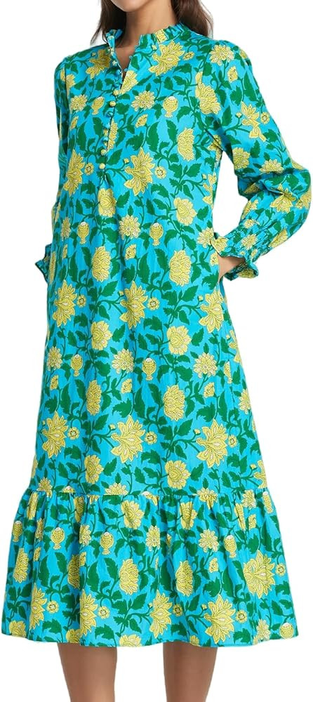 Women Fall Dresses 2025 Casual Puff Long Sleeve Mock Neck Midi Dress Floral Long Dress | Amazon (US)