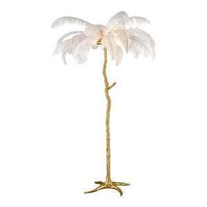 Elk Home Moorea 41" Modern Feather Fabric Floor Lamp in Brass/White | Cymax