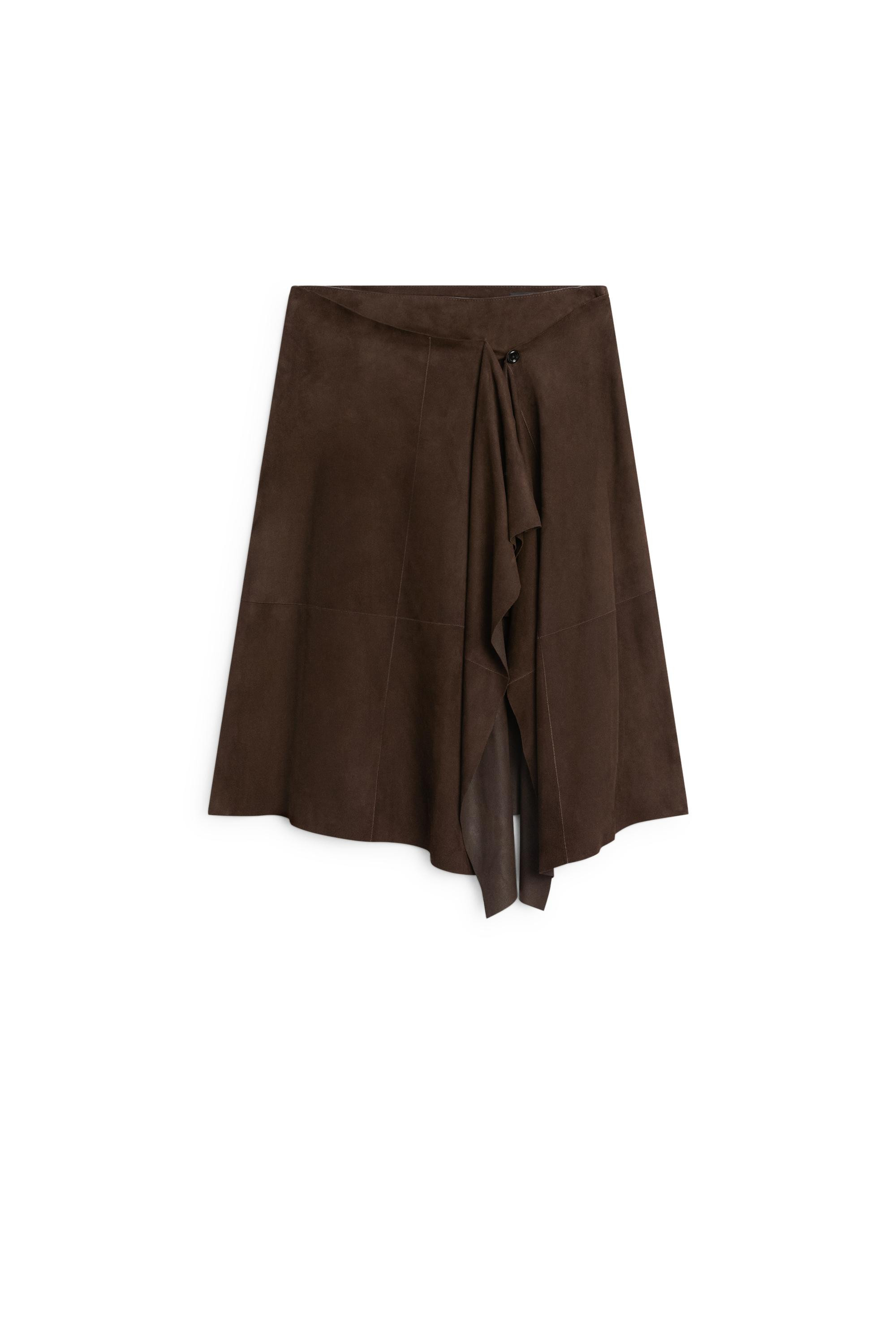 Jupe midi à volant en cuir et daim - MARRON | Massimo Dutti FR