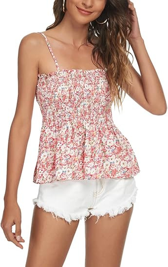Tribear Women's Casual Frill Smocked Cami Tank Tops Floral Shoulder Strap Vest | Amazon (US)