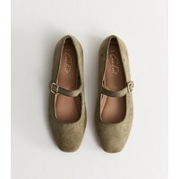 Women's Dark Khaki Faux Suede Mary Jane Ballet Flats Vegan New Look | New Look (UK)