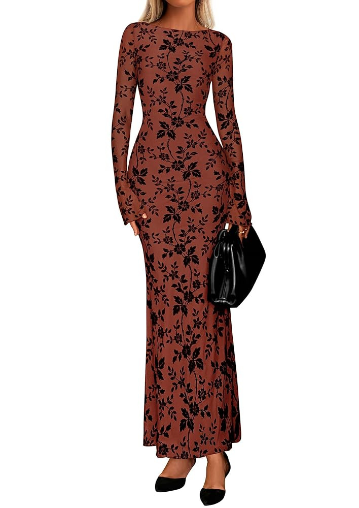 PRETTYGARDEN Women's Floral Bodycon Maxi Dress 2025 Fall Elegant Mesh Long Sleeve Formal Wedding ... | Amazon (US)