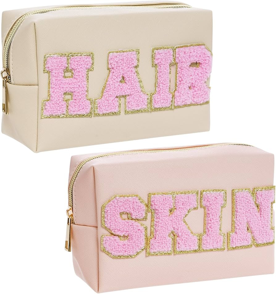 Yymobt 2PCS Patch Makeup Bag Preppy Cosmetic Bag Set Toiletry Storage Purse Skincare Pouch Waterp... | Amazon (US)