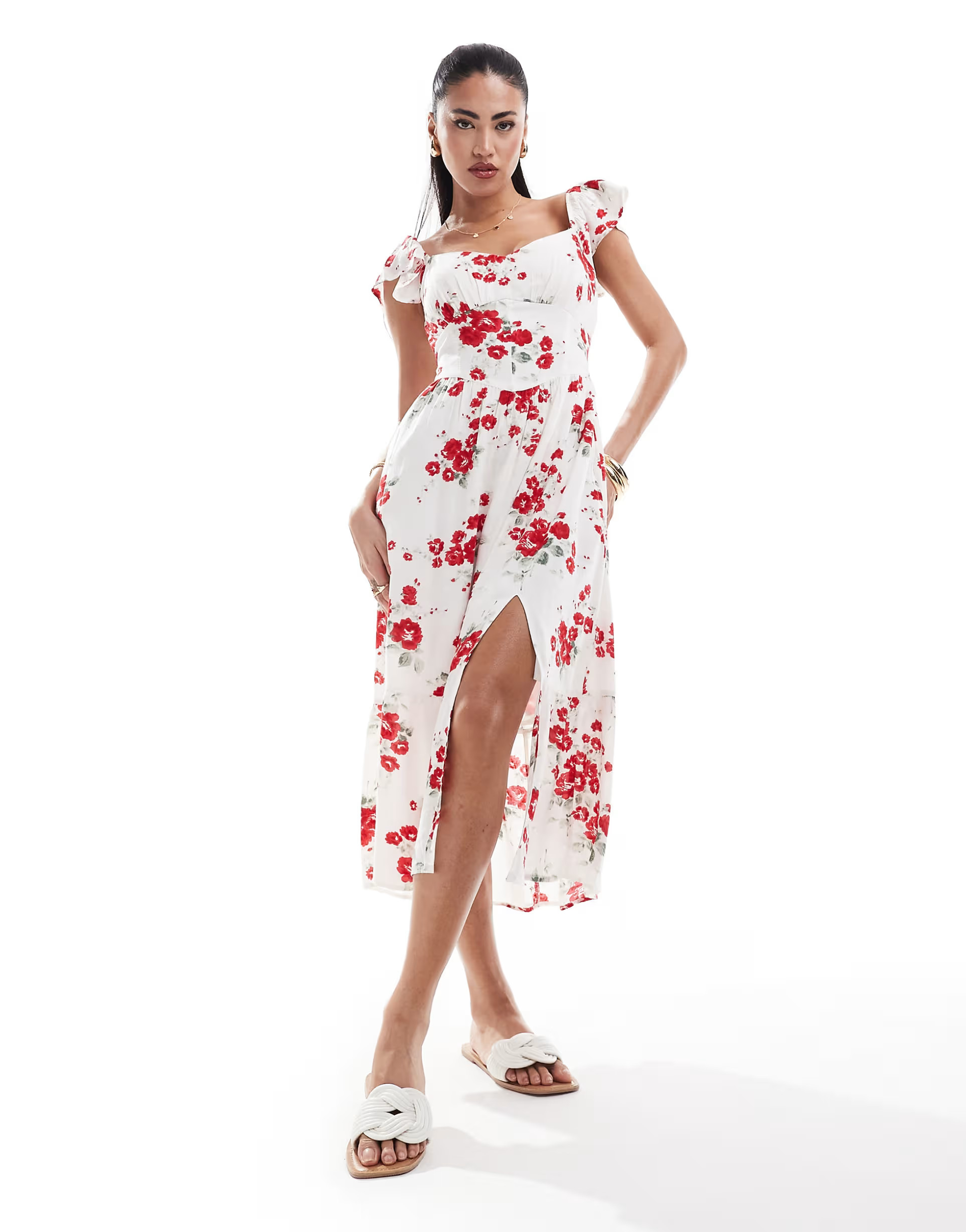 Hollister floral print flutter sleve v-waist midi dress in cream | ASOS (Global)