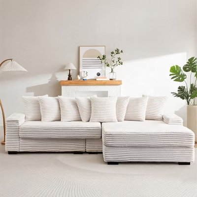 Modern 3 Seat Beige Corduroy Sectional Sofa with Pillows,L-Shaped Sofa with Solid Wood Frame,Reversible Armrests Sofa for Living Room-Coolbibila | Target