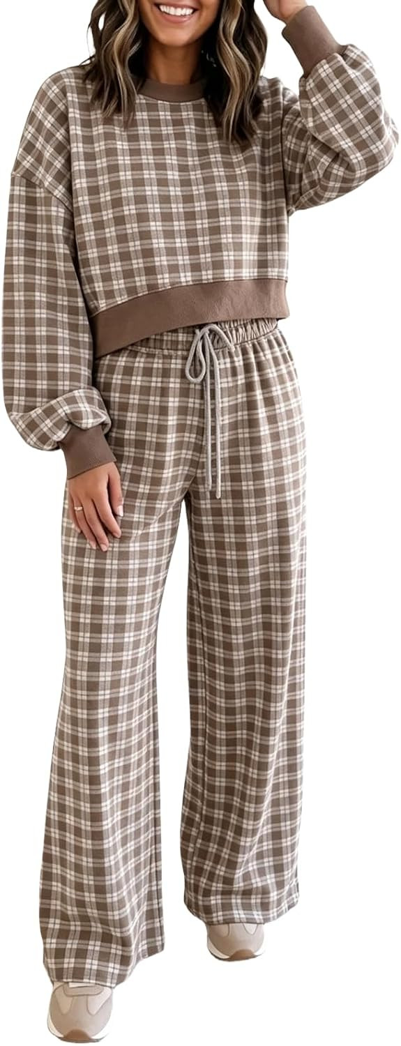 Women Plaid Two Piece Sets Cropped Sweatshirt & Wide Leg Pants Lounge Sets | Amazon (US)