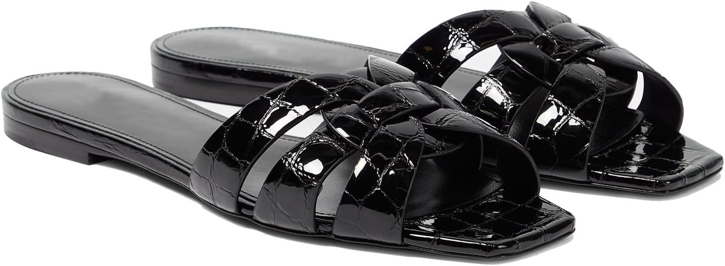 THESHY Women's Flat Sandals Square Toe Patent Leather Comfortable Slip on Slippers Casual Summer ... | Amazon (US)