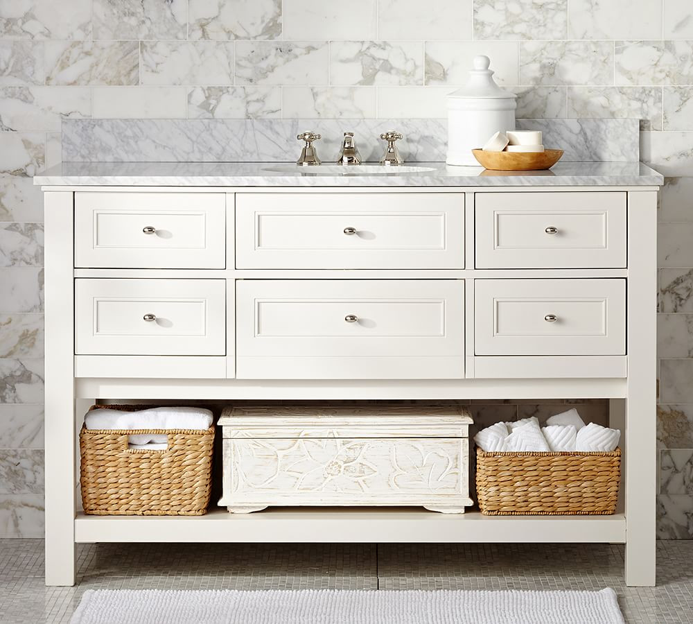 Classic Single Wide Sink Vanity, White, Carrara Marble &amp;amp; Chrome Finish Knobs | Pottery Barn (US)