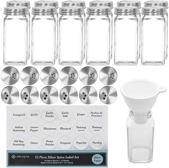 Premium Spice Jar Set -12 Square Glass 4 oz Spice Bottles, 72 Deluxe Labels, Stainless Dispensers... | Amazon (US)