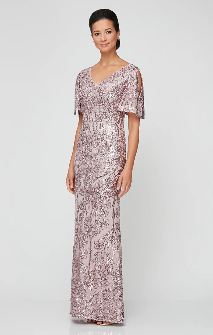 V-Neck Sequin Dress with Cold Shoulder Flutter Sleeve | Alex Evenings