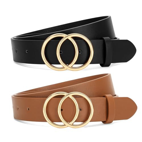 SANSTHS 2 Pack Women Leather Belts Faux Leather Jeans Belt with Double O Ring Buckle Black Brown M | Amazon (US)
