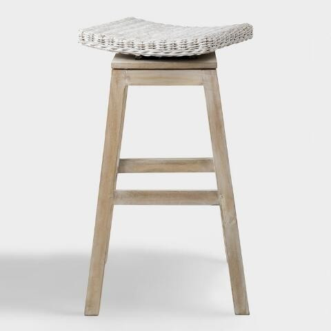 Rattan and Teak Leyla Swivel Barstool | World Market