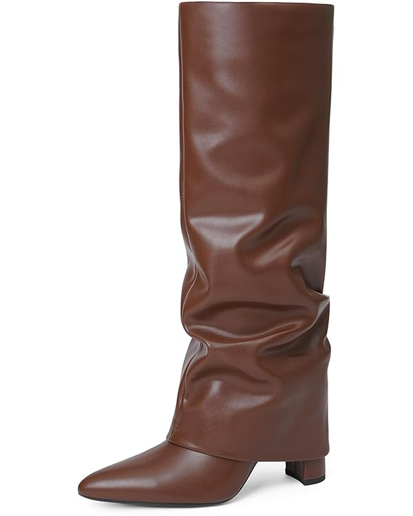 Modatope Knee High Boots Women Fold Over Knee High Boots Chunky High Heels Long Boots Zipper Poin... | Amazon (US)