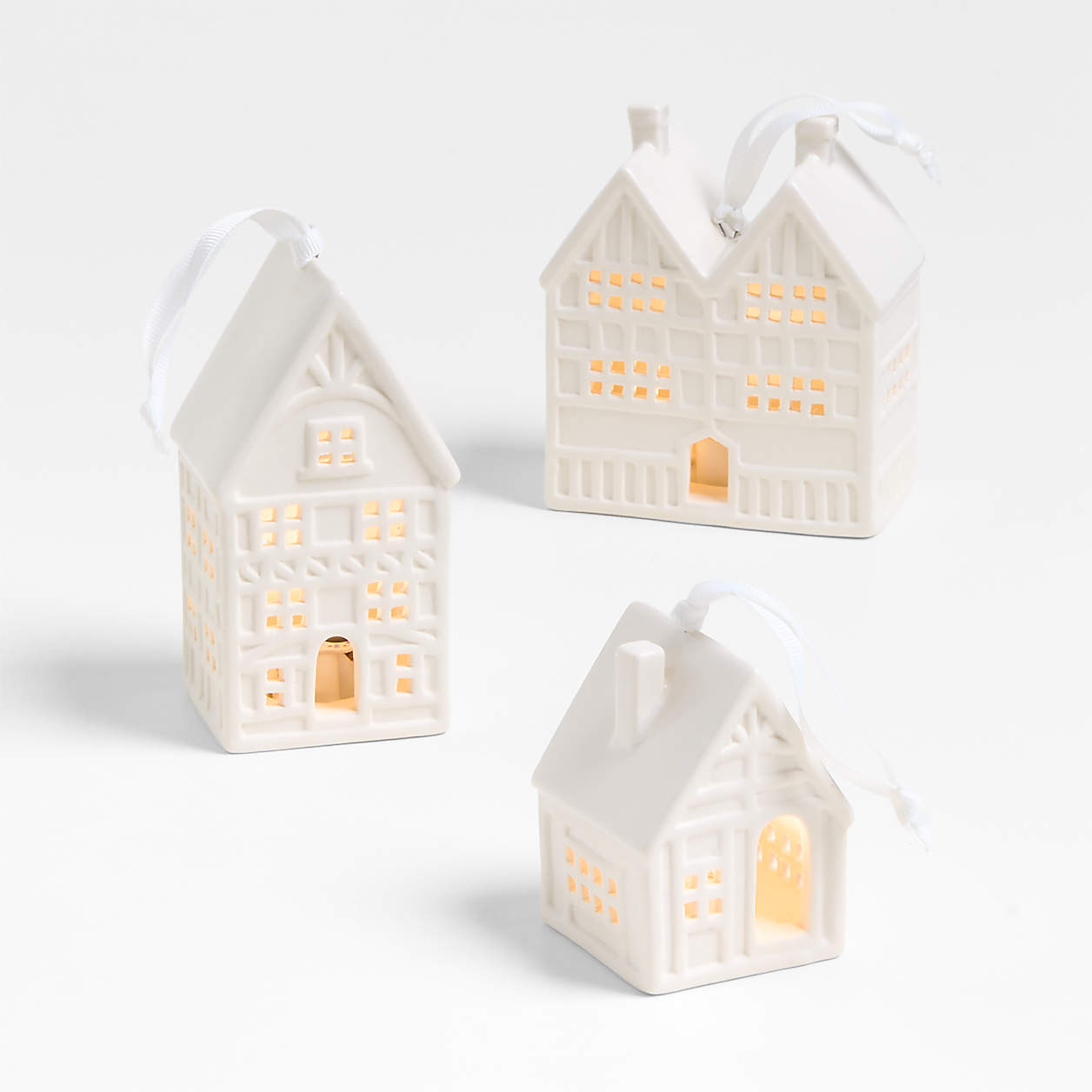 White Ceramic Cottage Christmas Ornament | Crate & Barrel | Crate & Barrel